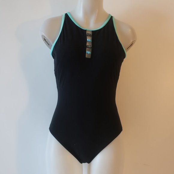 Womens Pilpel Black Aqua Blue 2-Pc Swim Cover-Up Skirt One Piece Swimsuit 12 * - Picture 2 of 9